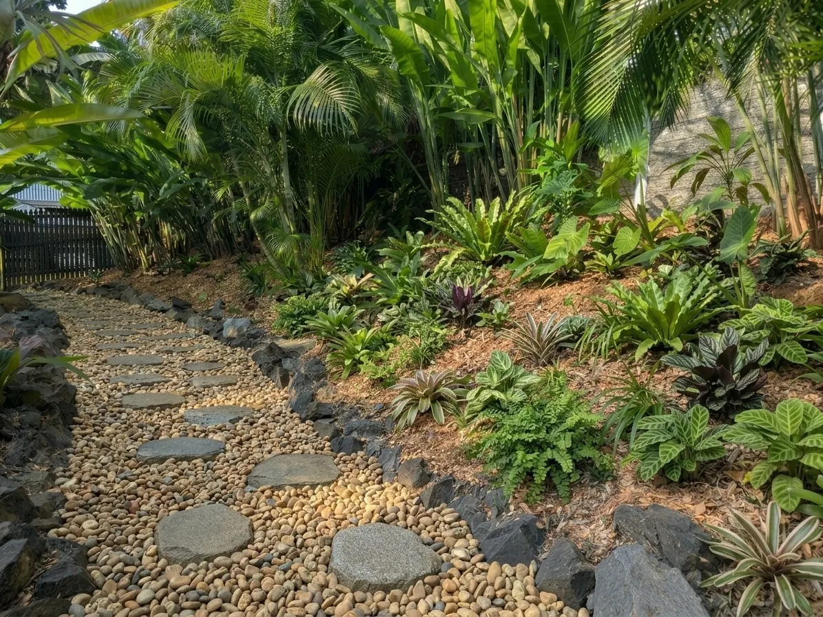 Stepping-stone path through river pebbles beside a lush tropical garden bed with palms and bromeliads